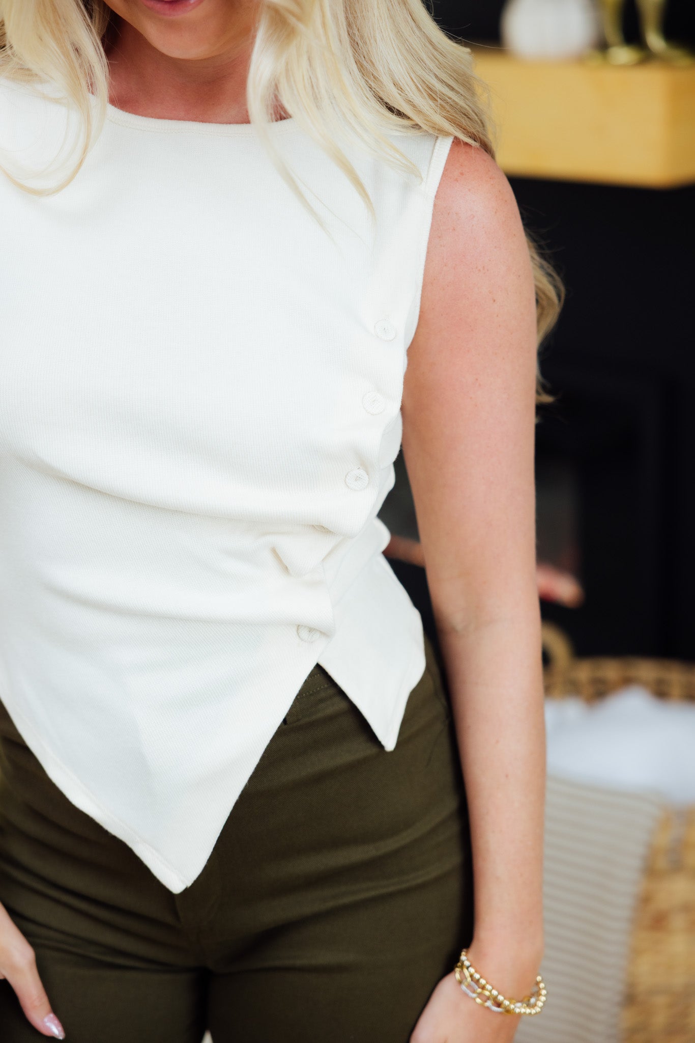 Cream Asymmetric Button Top
